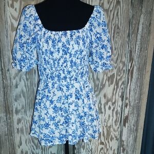 Blue and White Floral Top